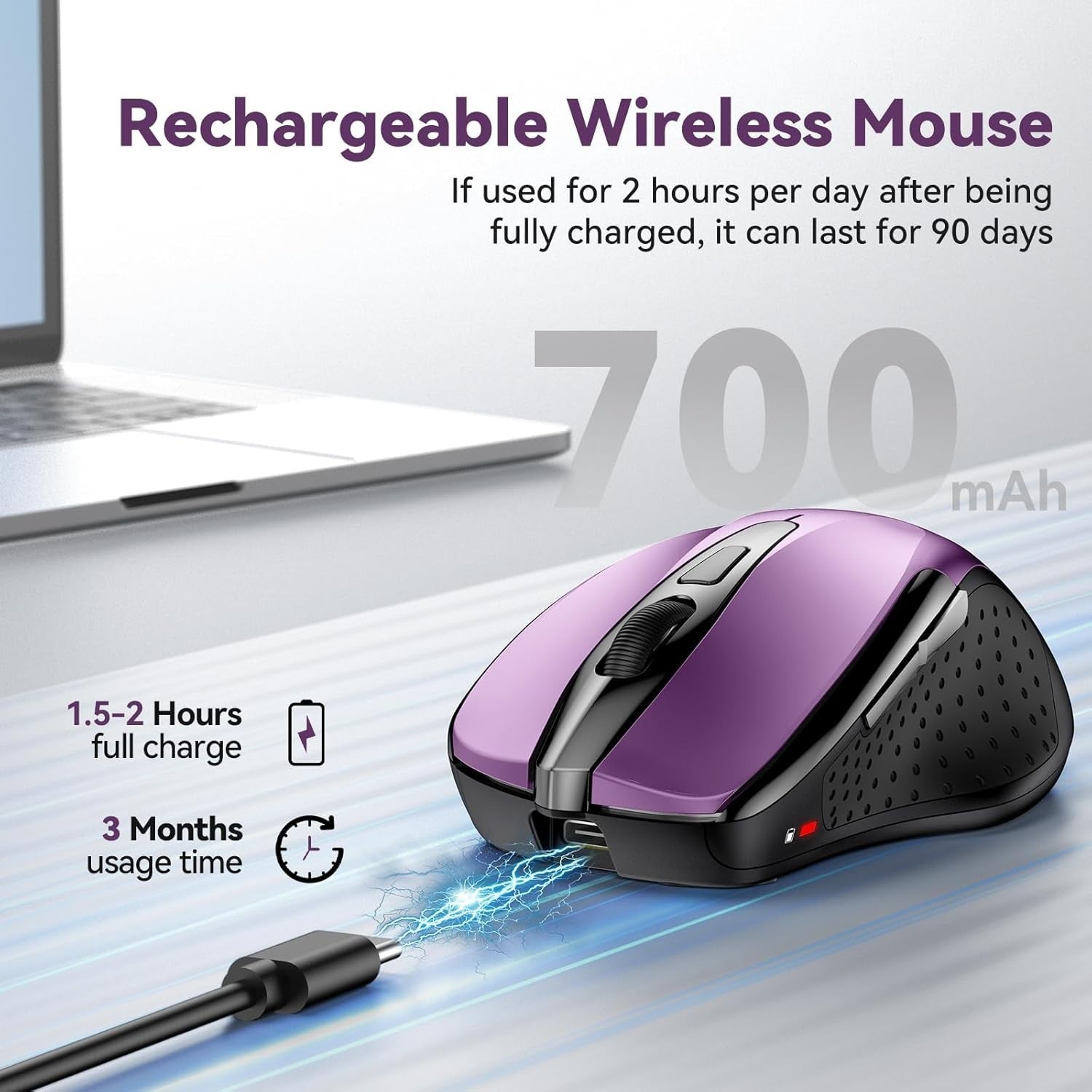 Rechargeable Bluetooth Wireless Mouse Silent 4800 DPI Ergonomic Purple PC