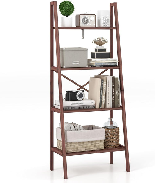 4 Tier Bamboo Ladder Bookshelf Freestanding Display Storage Shelf Walnut