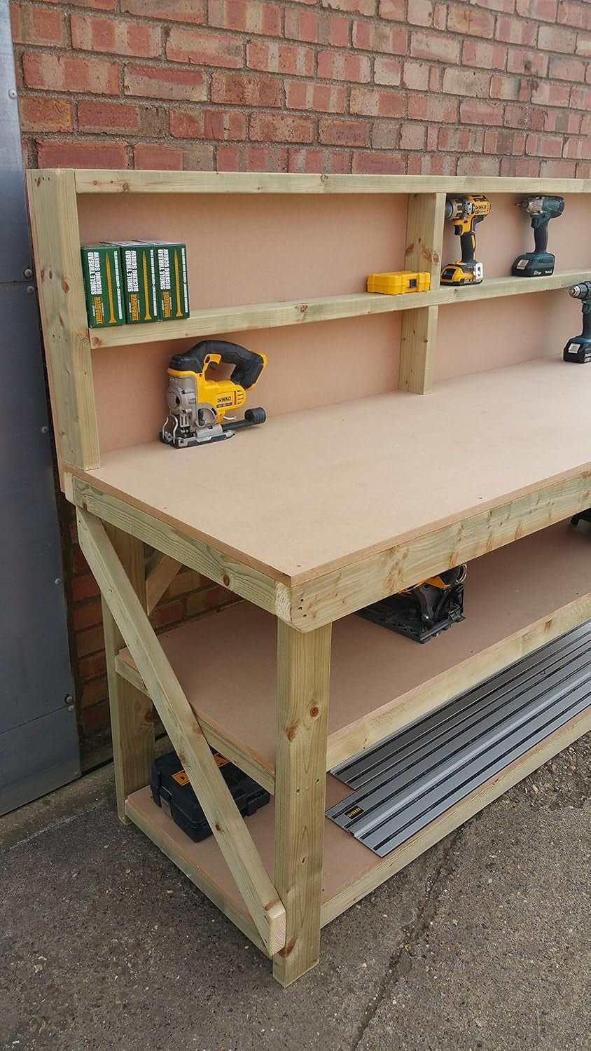 5ft Heavy Duty Wooden Workbench MDF Top Backboard Double Shelf Garage Table