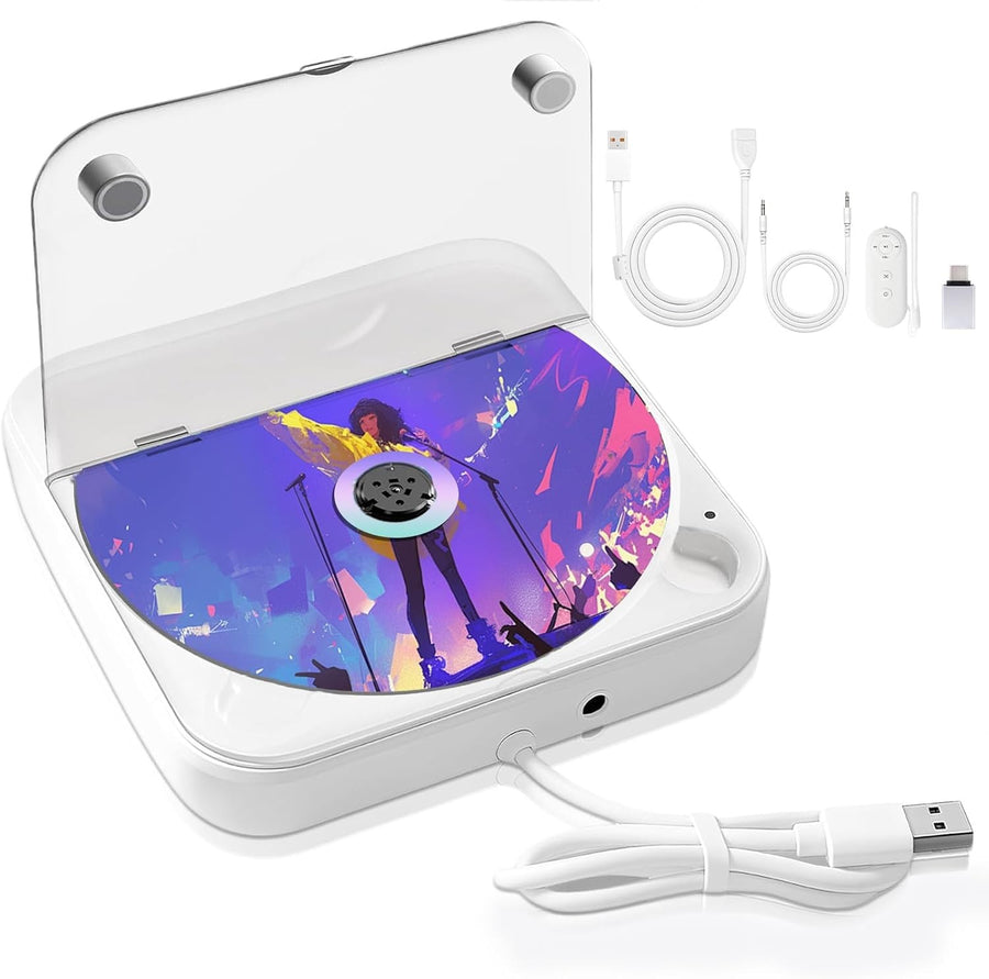 Car USB CD Player Portable Plug & Play AUX Remote Anti Vibration White