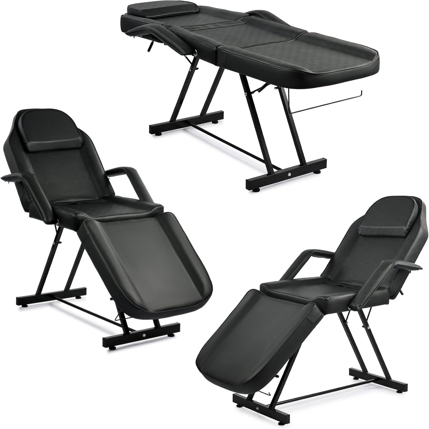 Adjustable 3-Section Beauty Massage Bed Steel Frame w/ Headrest Stool Black