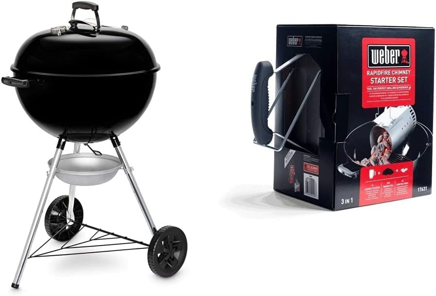 57cm Charcoal BBQ Grill with Chimney Starter Set, Lid Thermometer & Wheels