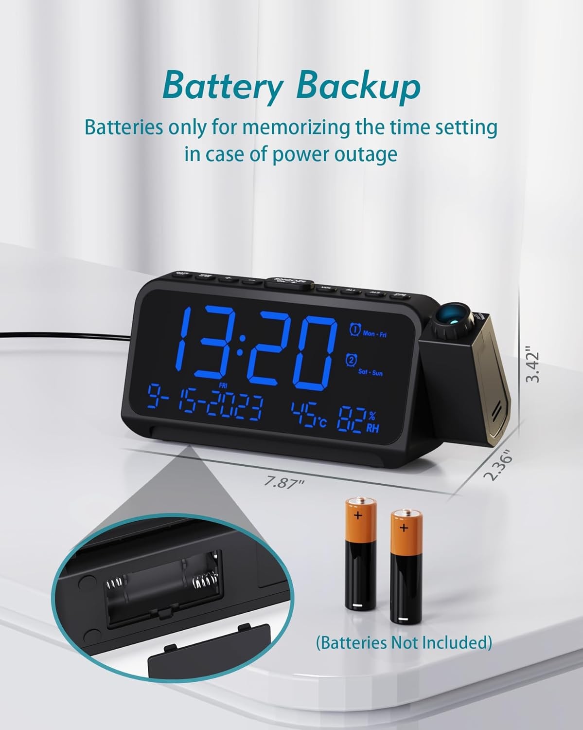 Projection Alarm Clock Blue LED Digits Temperature USB Charging Bedside