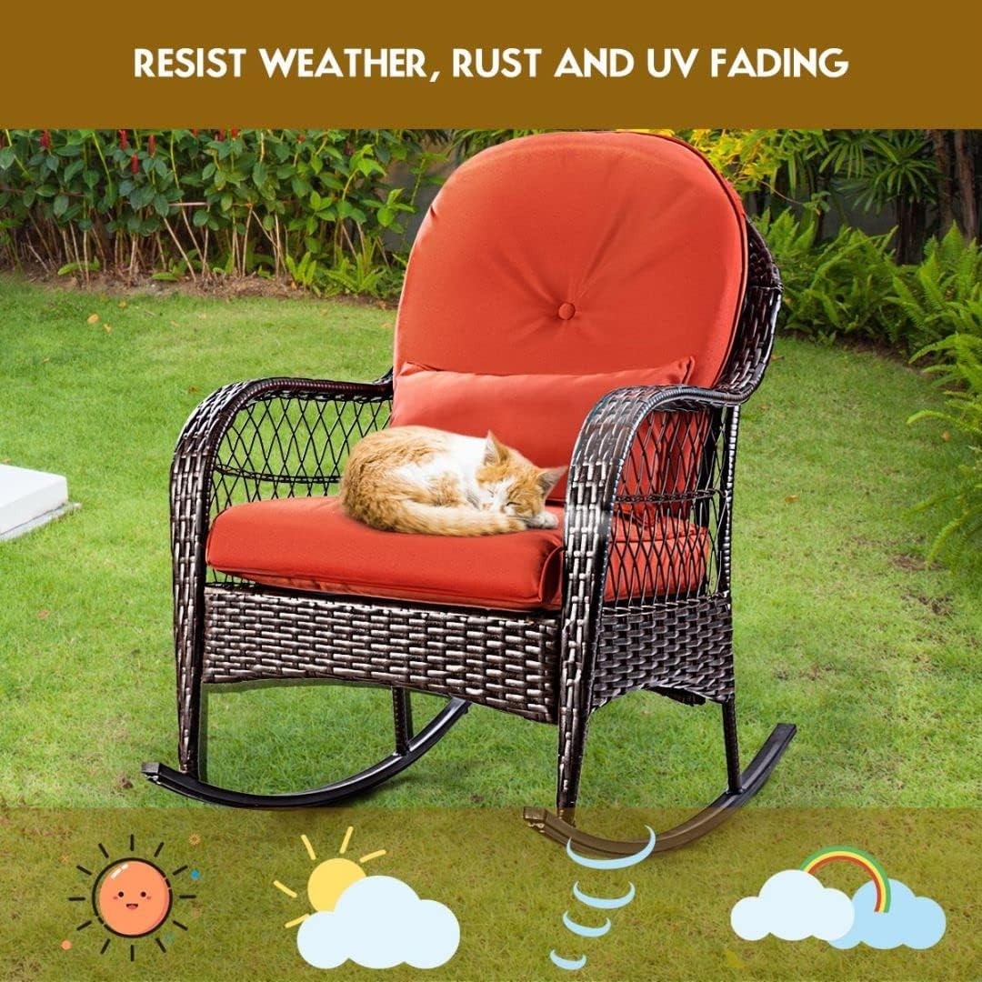 Red Rattan Rocking Chair Cushioned Patio Garden Porch Outdoor Relax Armchair