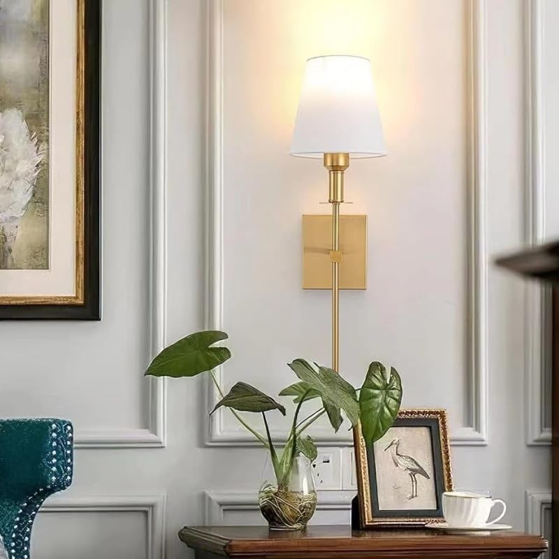 Battery Operated Wall Sconces Set of 2, Brushed Brass, Fabric Shade