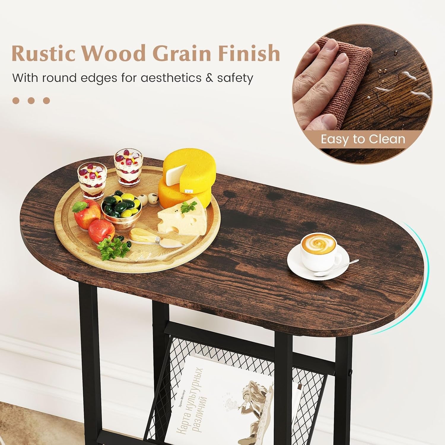 Slim Oval Side Table Set 2-Tier Metal Frame with Magazine Holder Small Space
