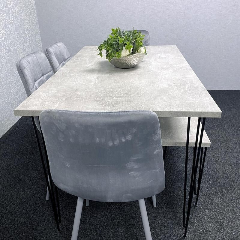 Grey Dining Table Set with 4 Velvet Chairs & Bench Hairpin Legs 140cm