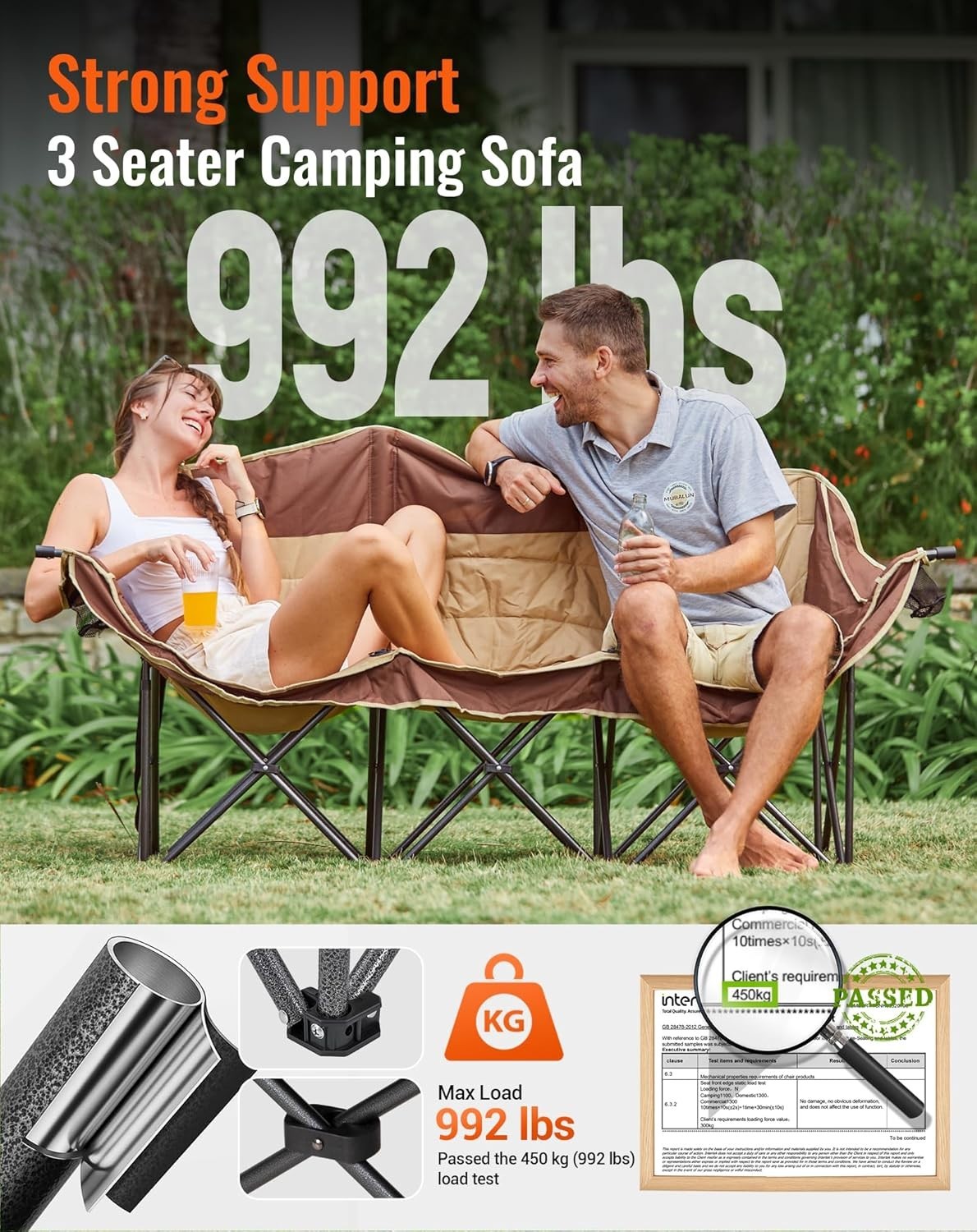 3 Seater Folding Camping Sofa Chair Heavy Duty Outdoor Garden Seat 300kg