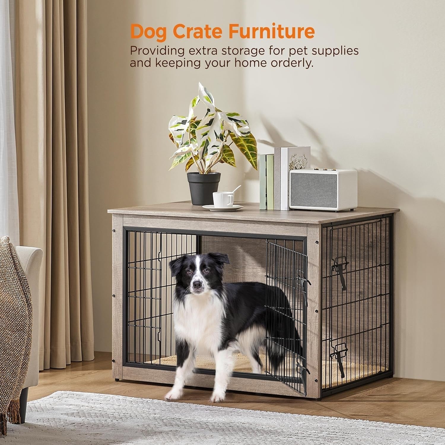 Stylish Medium Dog Crate Furniture with Cushion & Double Doors 96x65x67.5cm