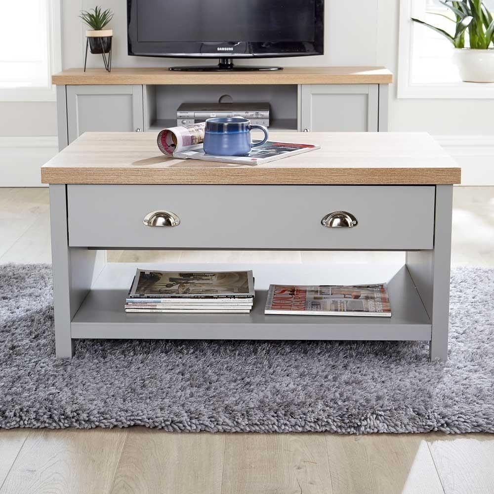Modern Grey Coffee Table 2 Drawers Oak Effect 90x58x45cm Durable Storage