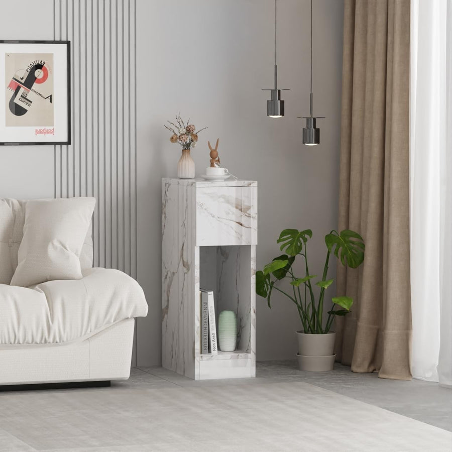 White Marble High Gloss Slim Bedside Table with Drawer & Shelf for Small Spaces