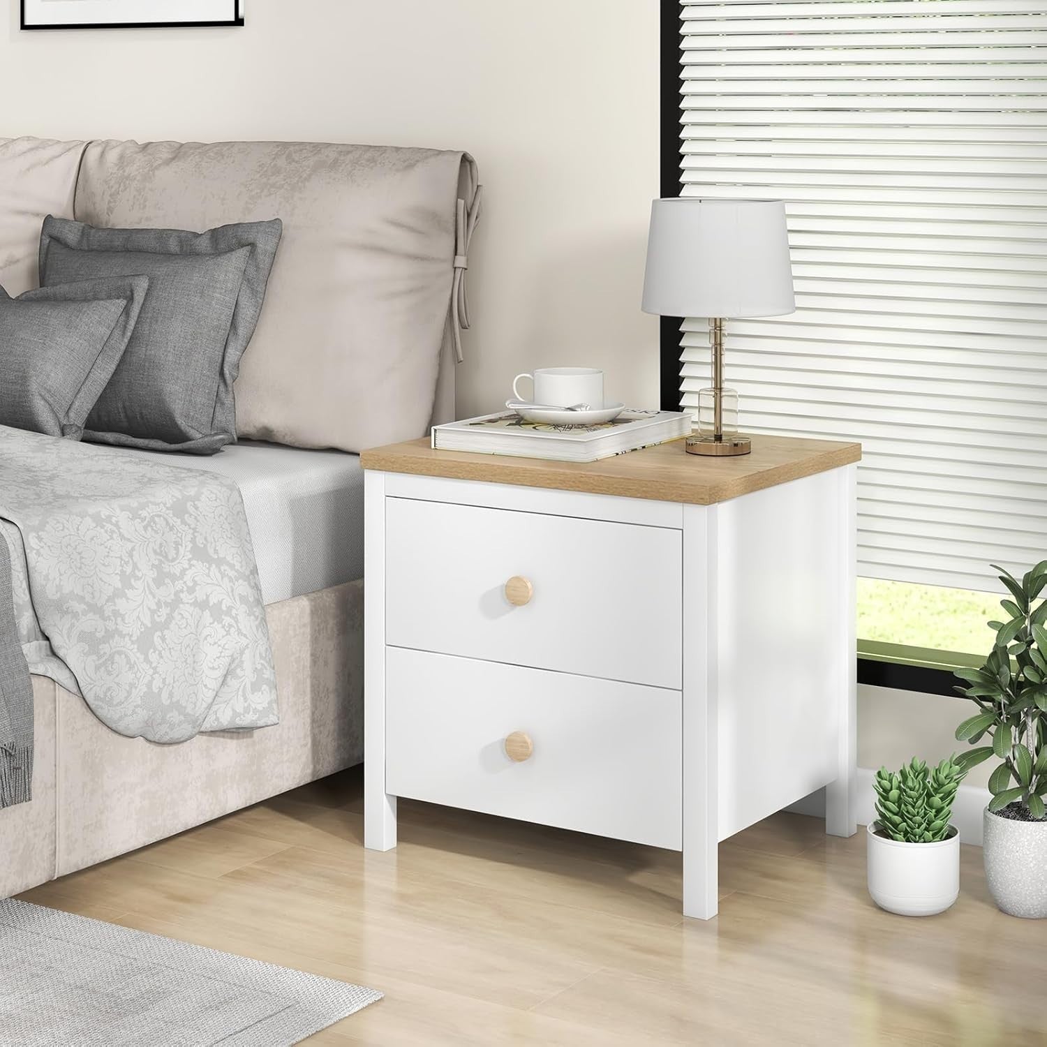White 2 Drawer Bedside Table with Wood Top – Modern Nightstand