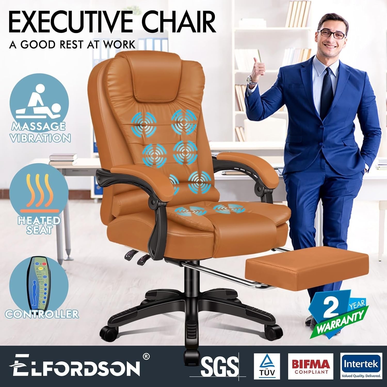 Brown Massage Office Chair Heated 8-Point Recliner Footrest Ergonomic PU
