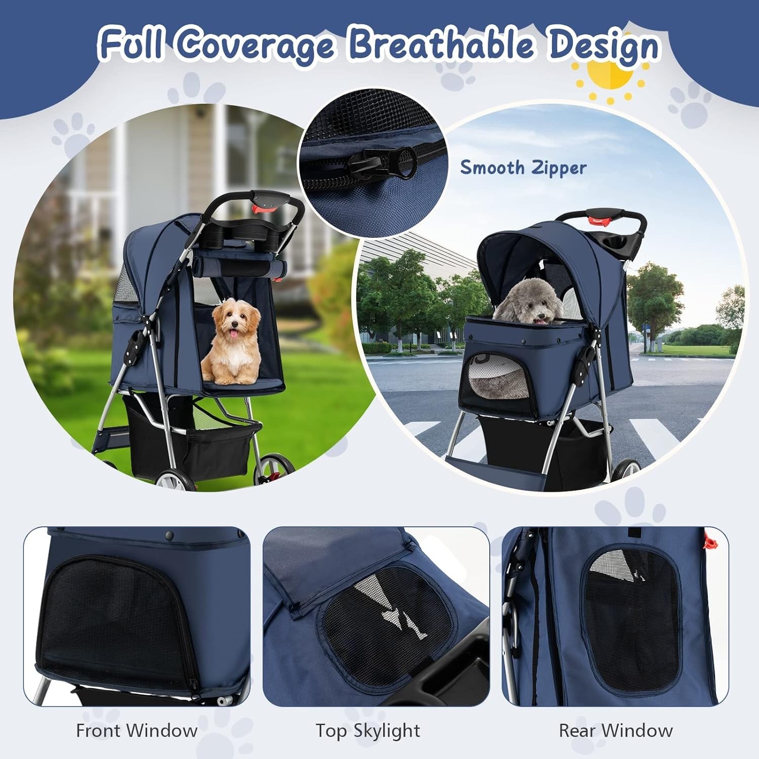 Blue Folding Pet Stroller 4 Wheel Dog Cat Pushchair Safety Belt Cup Holder