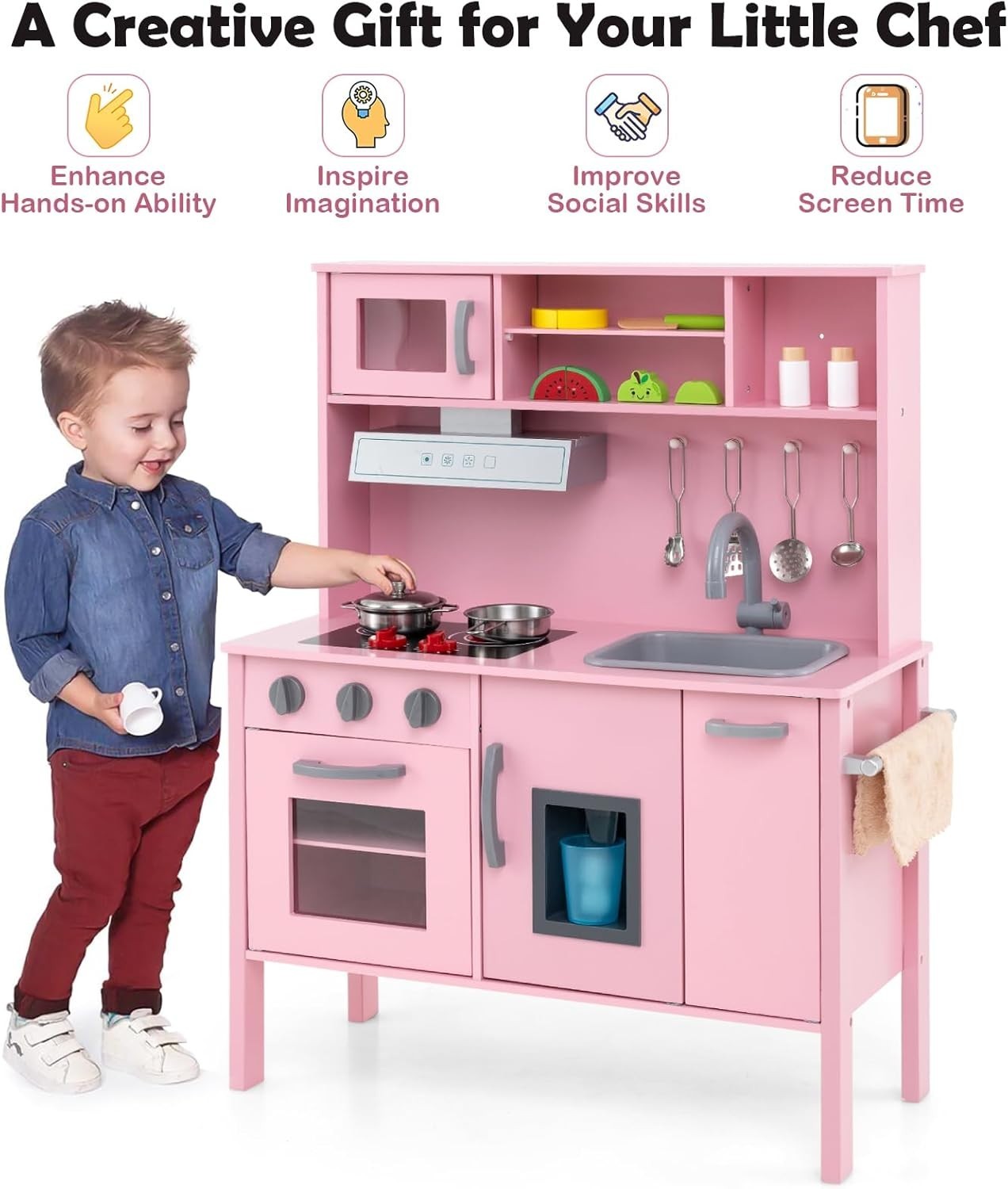 Wooden Kids Play Kitchen Pink Ice Maker Sound Cooking Toy Set