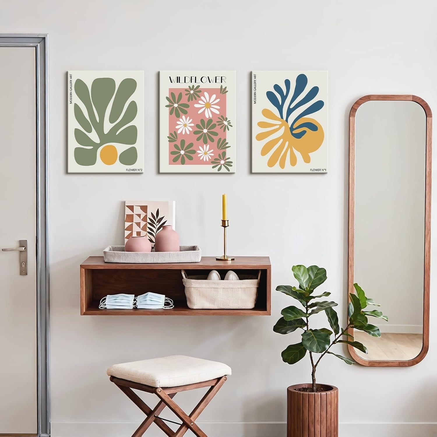 Boho Flower Market Canvas Wall Art Set 3 Framed 30x40cm