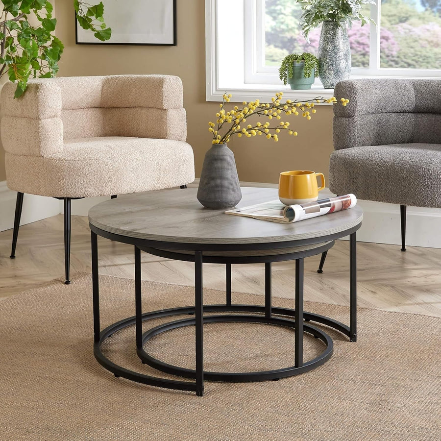 Modern Nesting Coffee Table Set 2 Round Grey Metal Stackable Industrial Style