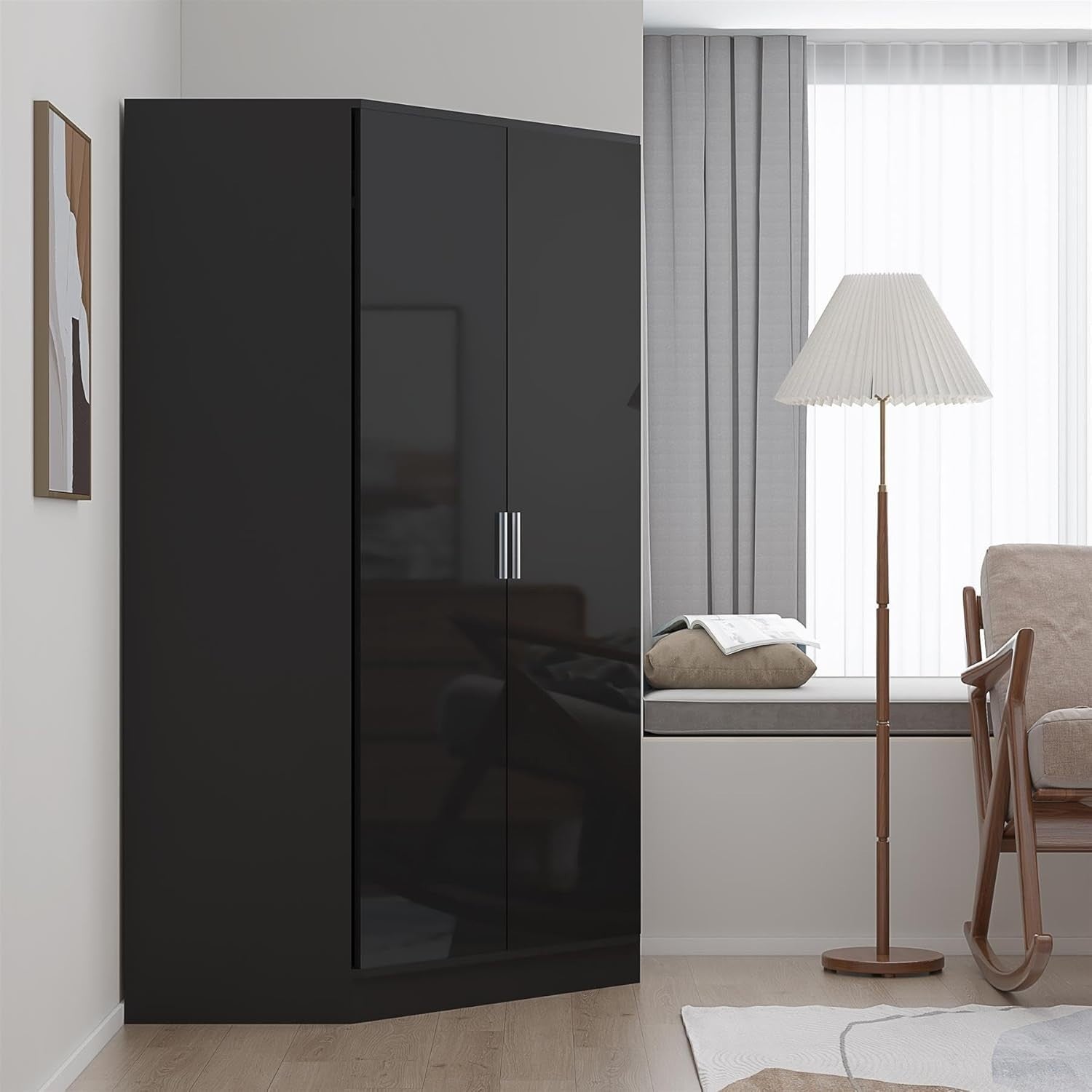 Black Gloss Corner Wardrobe 2 Door with Hanging Rails & Shelves, Space Saver