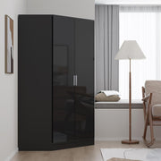Black Gloss Corner Wardrobe 2 Door with Hanging Rails & Shelves, Space Saver