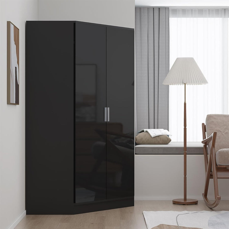 Black Gloss Corner Wardrobe 2 Door with Hanging Rails & Shelves, Space Saver