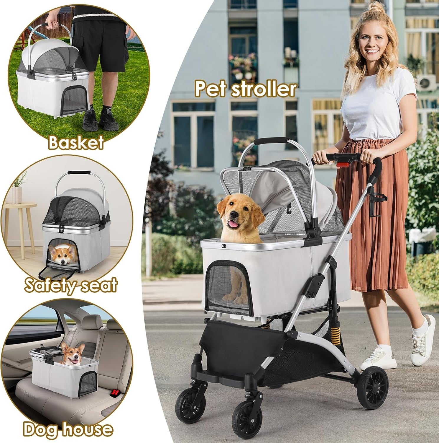 3 in 1 Dog Stroller Folding Pet Pram 360 Wheels Travel Carrier Storage Grey
