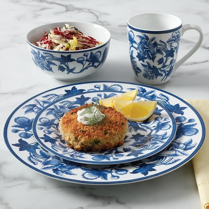 16pc Blue Floral Stoneware Dinnerware Set Plates Bowls Mugs Dishwasher Safe