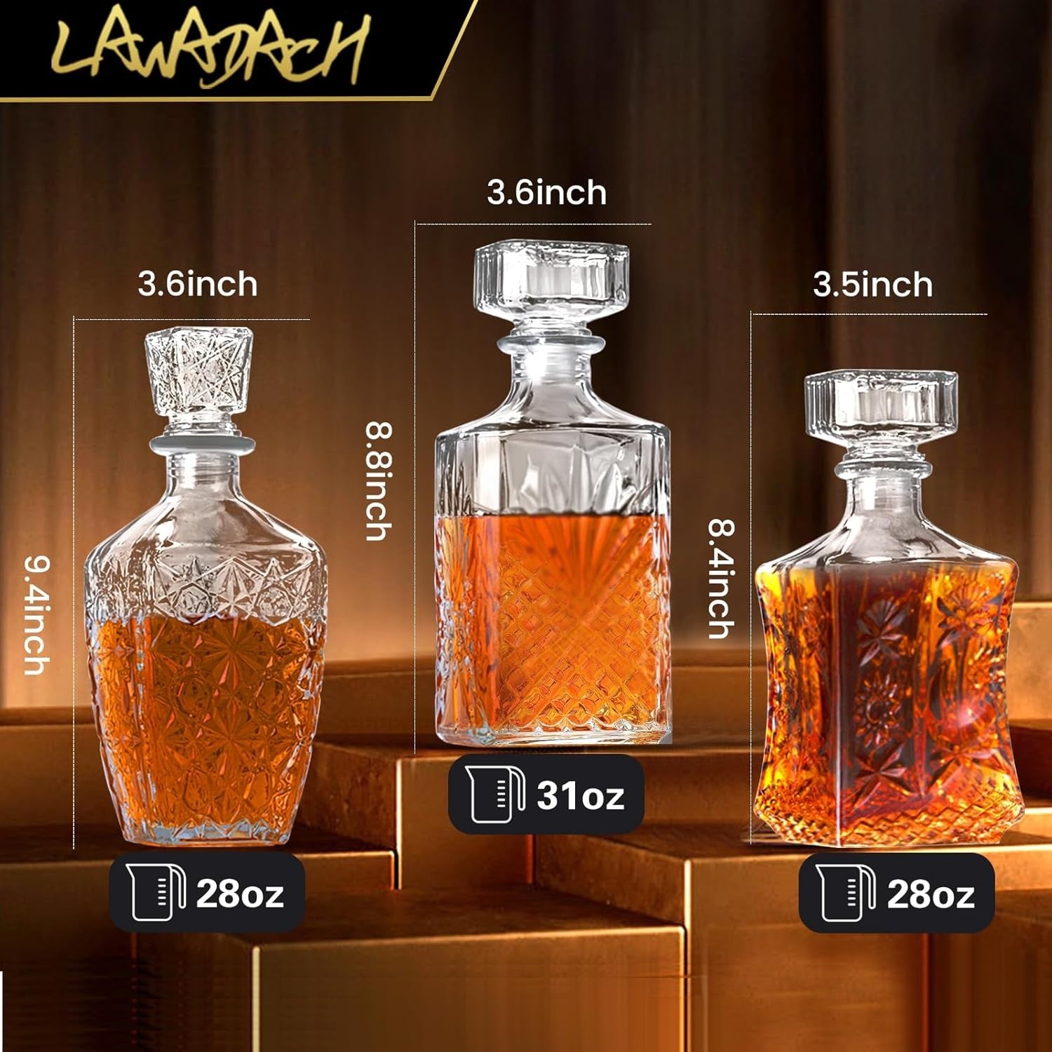 Luxury Glass Whiskey Decanter Set of 3 Vintage Cut Bar Bottles