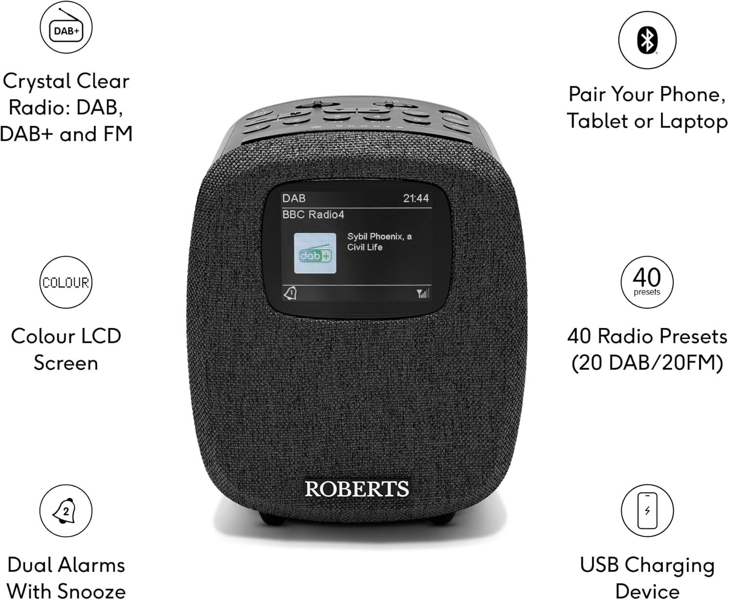Digital FM/DAB/DAB+ Clock Radio with Bluetooth & Dual Alarms, Black