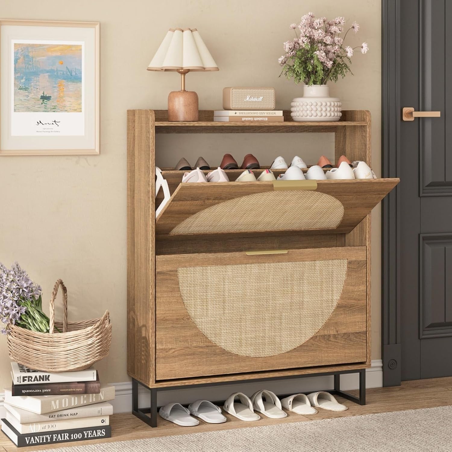 Narrow Flip Drawer Shoe Cabinet for 20-28 Pairs, Rustic Rattan Storage