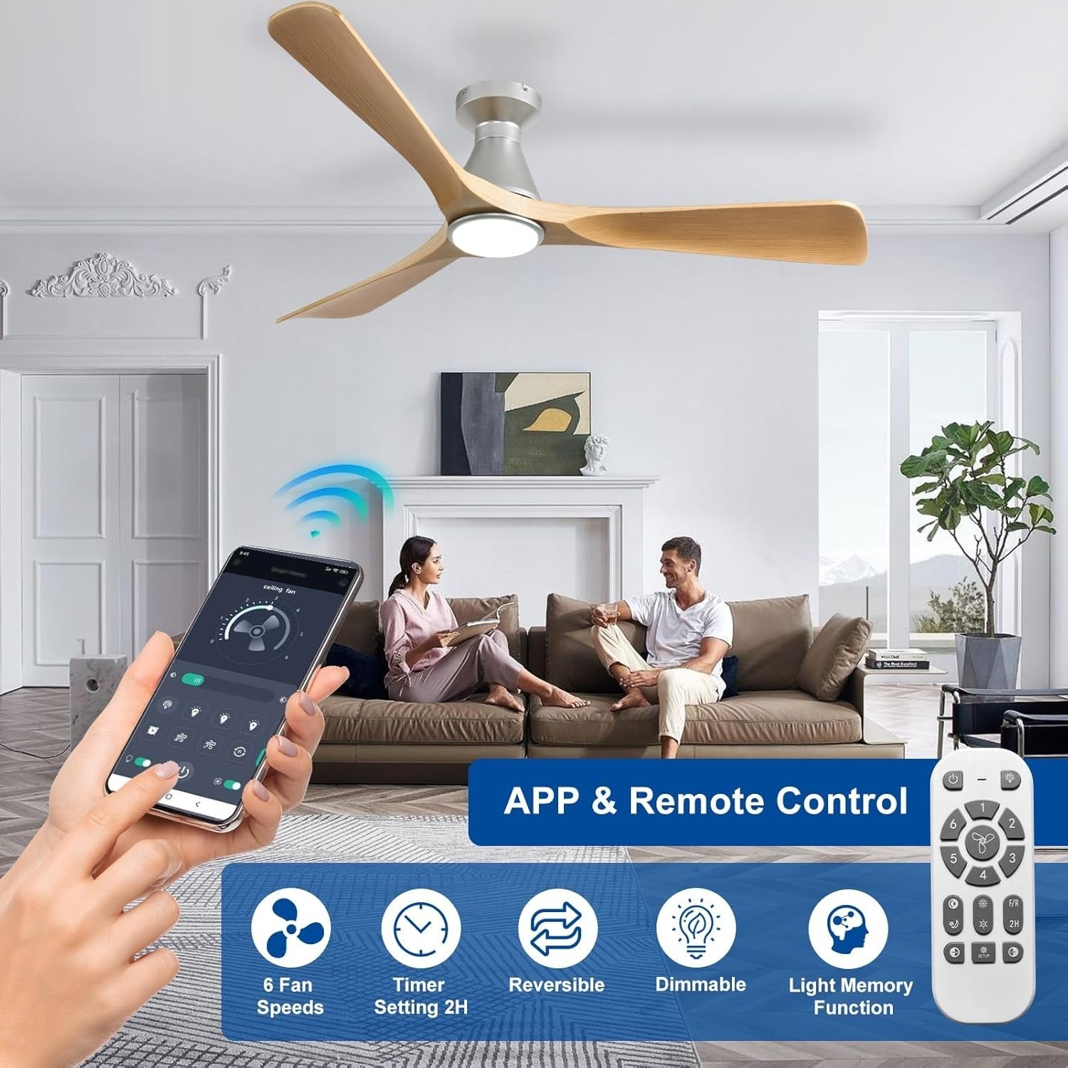 52" Ceiling Fan Light, 3-Blade Grainy Wood LED, Quiet Reversible DC