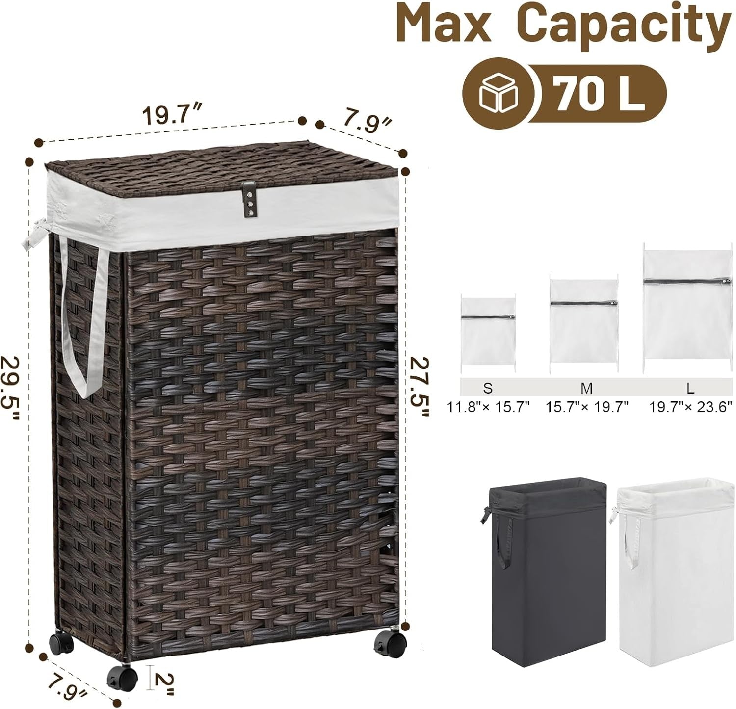 70L Slim Rattan Laundry Hamper with Wheels 2 Removable Bags Tall Basket Brown