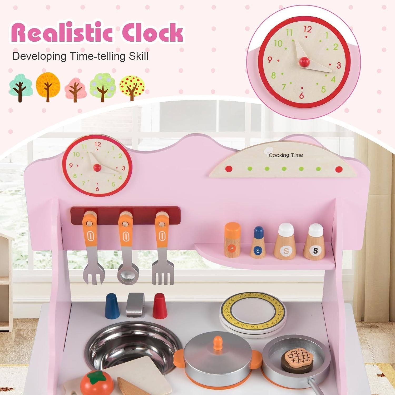 Wooden Kids Play Kitchen Pink Toy Set Stove Sink Oven Accessories