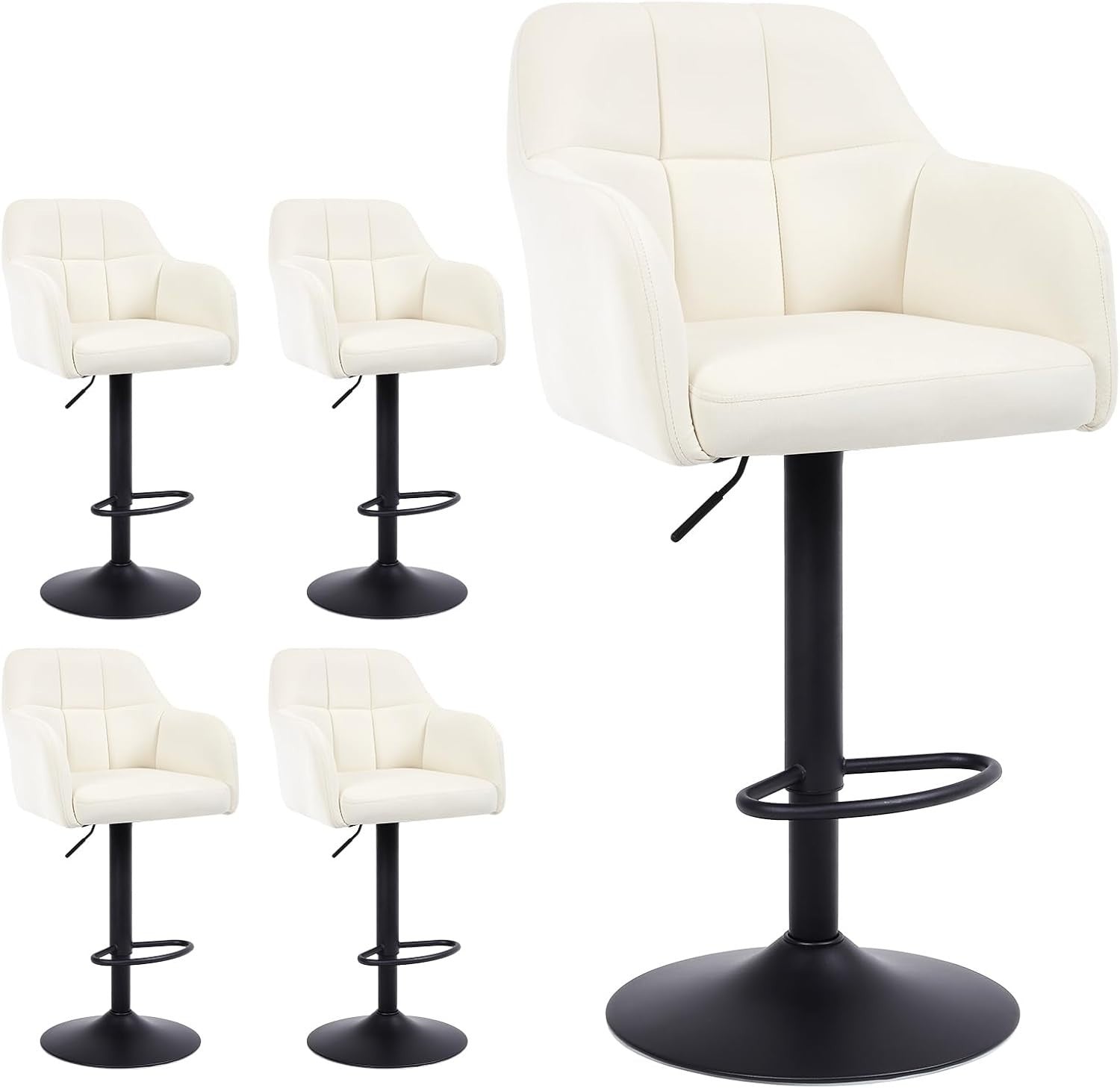 Set of 2 White PU Swivel Bar Stools Adjustable Height Modern Chairs