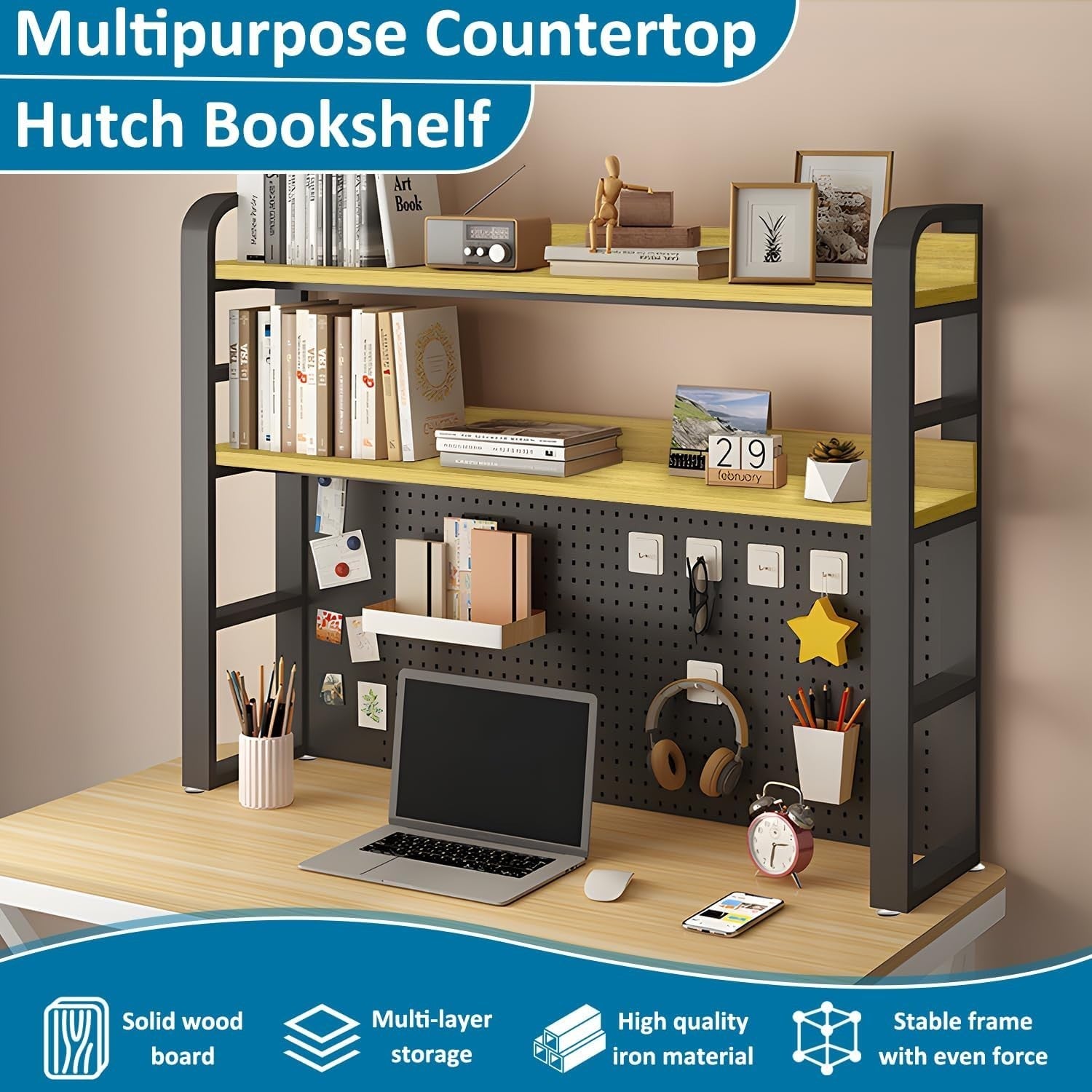 37.4" Desktop Hutch Bookshelf w/ Pegboard 2-Tier Desk Organizer Black