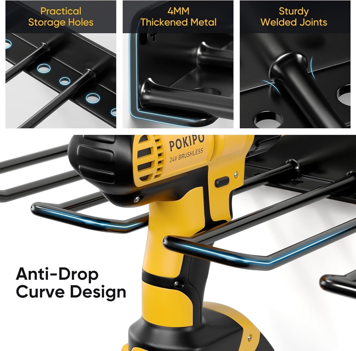 Black 1-Tier Alloy Steel Floating Drill Tool Wall Organizer Rack