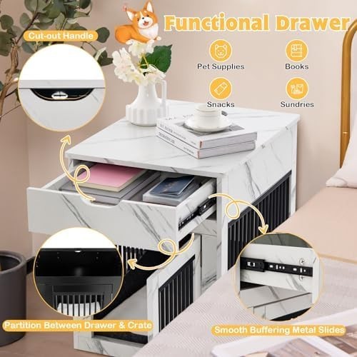 Wooden Dog Crate Side Table with Drawer, Plush Pad & USB Charging