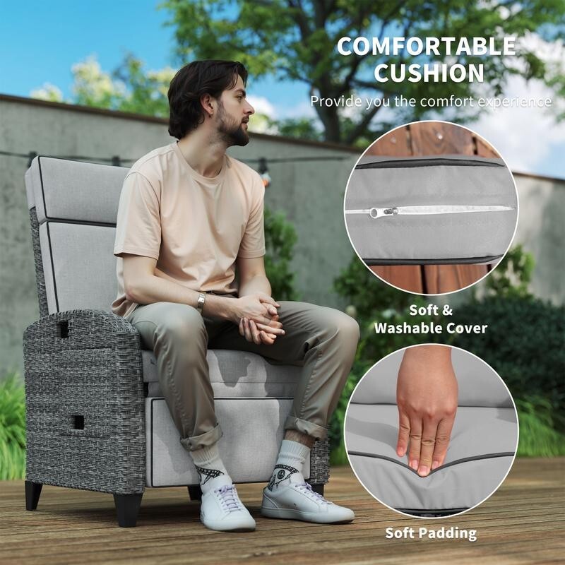 Rattan Recliner Garden Chair – Cushioned PE Wicker Seat w/ Footrest & Tray