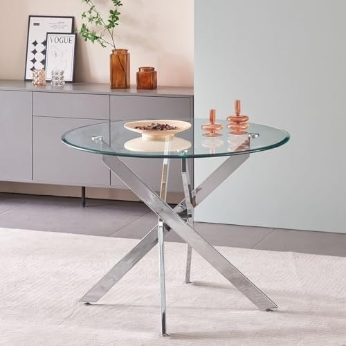Round Glass Dining Table 100cm Silver Metal Legs Modern Kitchen Table