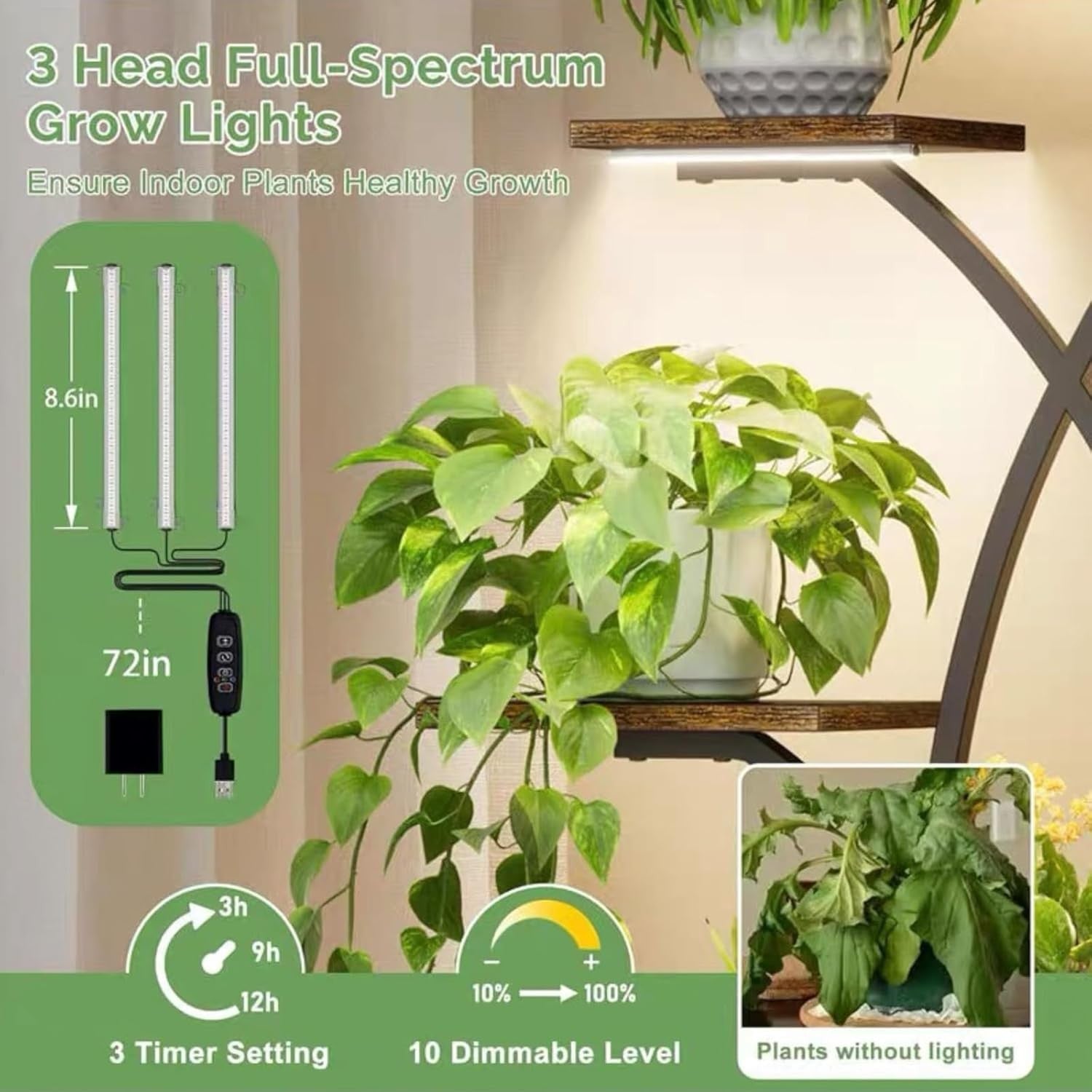157cm 8 Tier Metal Plant Stand with Grow Lights Indoor Tall Flower Shelf