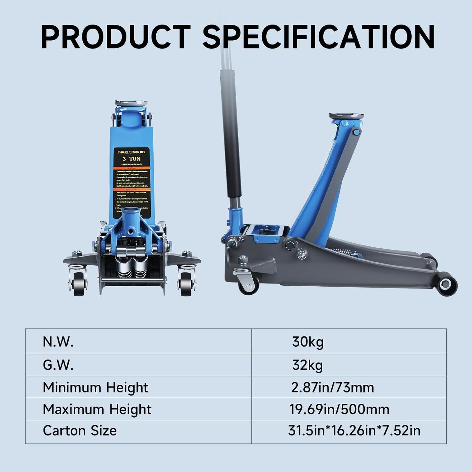 3 Ton Low Profile Hydraulic Floor Jack 2.87–19.69" Dual Piston Quick Lift Blue