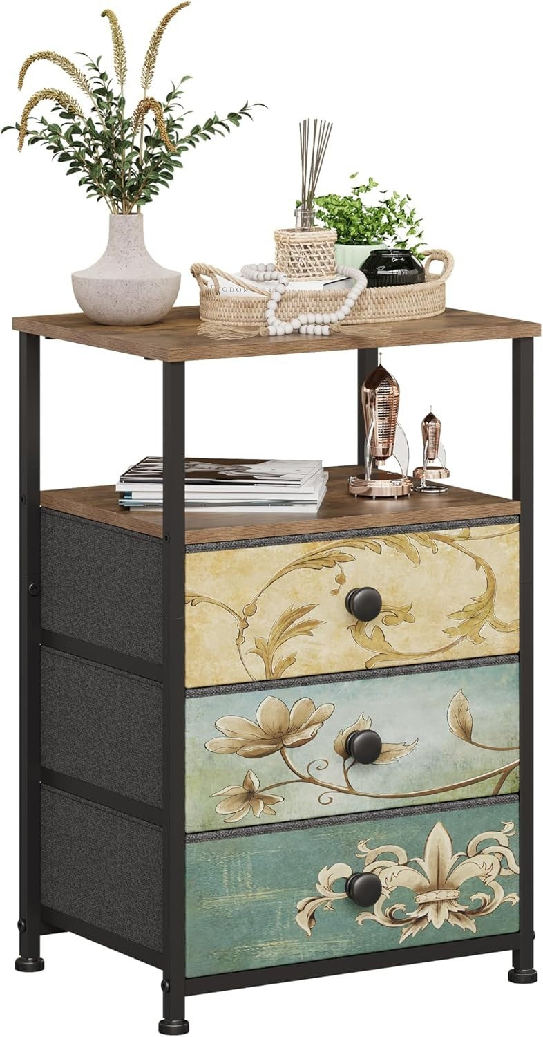 3 Drawer Fabric Chest Boho Dresser Nightstand Side Table Storage Unit