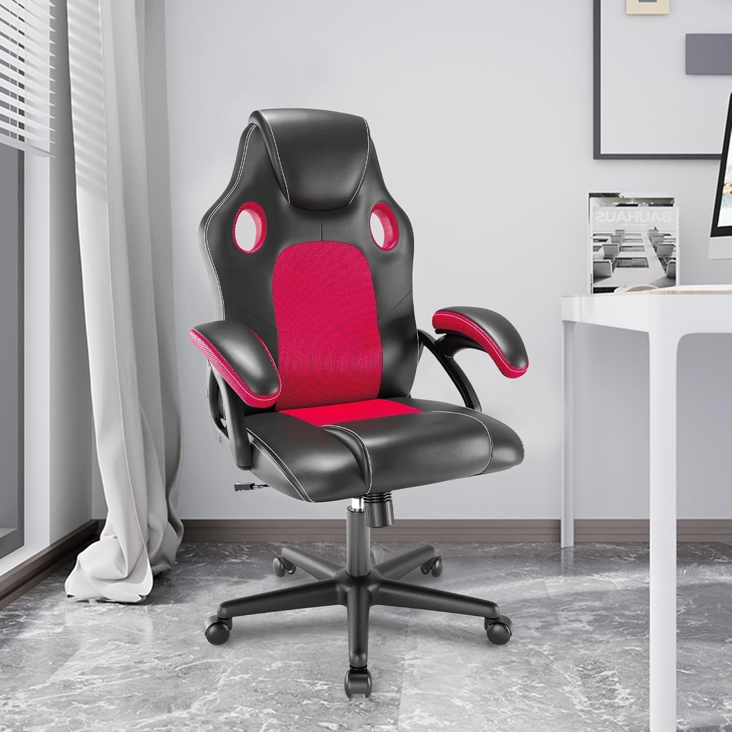 Ergonomic Office Chair Red Faux Leather Recliner Swivel 150KG Support Home Desk