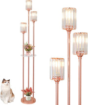 3-Light Rose Gold Floor Lamp with Glass Shades & Shelves | Modern Standing Light