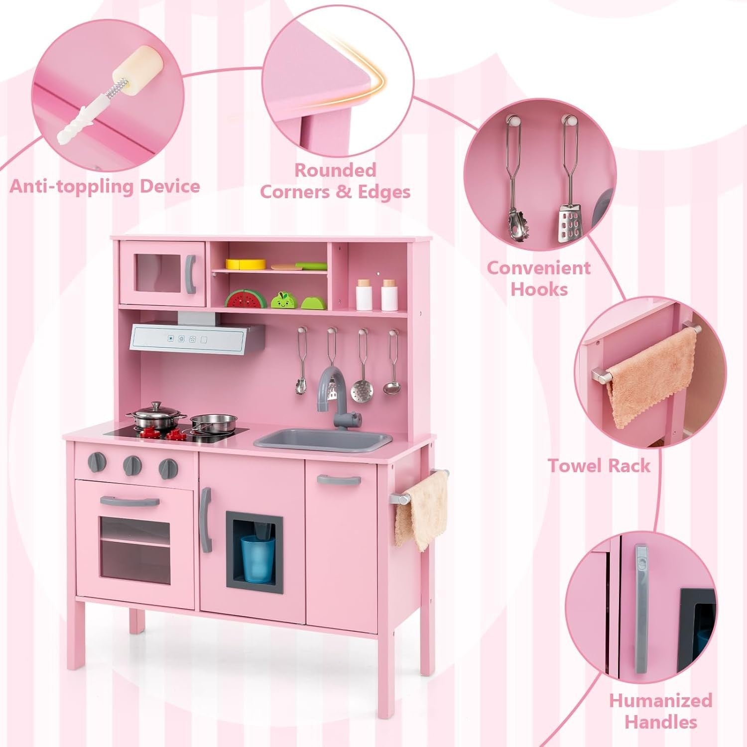Wooden Kids Play Kitchen Pink Toy Set Microwave Oven Ice Maker Sound