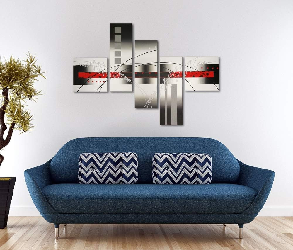 5 Panel Abstract Canvas Wall Art Red Black Modern Framed Set