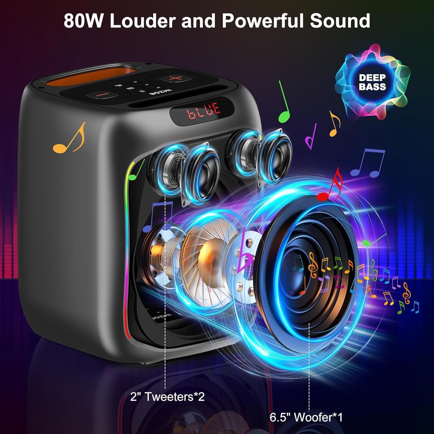 80W Portable Bluetooth Karaoke Machine 2 Wireless Mics LED Lights