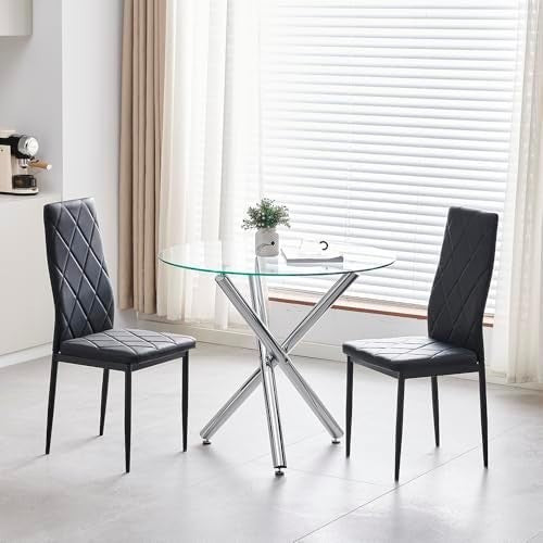 Modern 5-Piece Round Glass Dining Table Set with 2 Black Leather Chairs