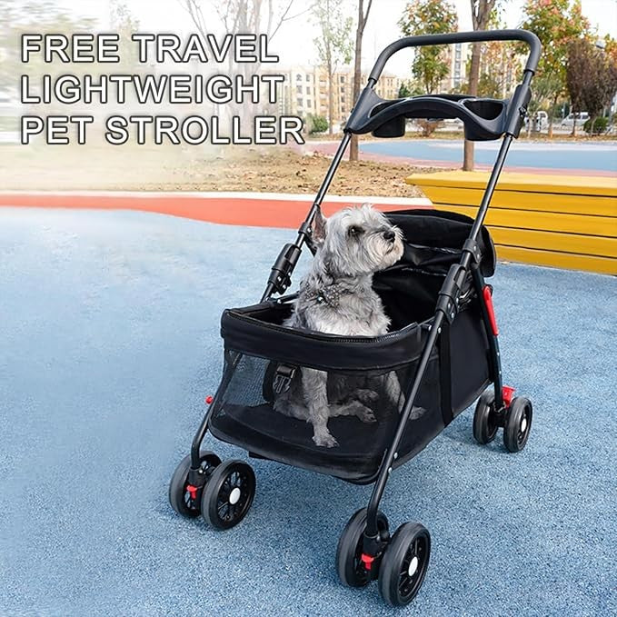 4 Wheel Dog Stroller Folding Pet Pram Travel Pushchair with Cup Holder Black