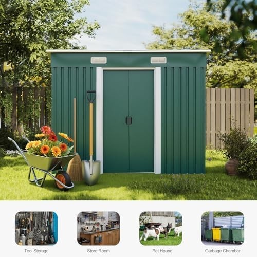8x4FT Metal Garden Shed Lockable Tool Storage House Green