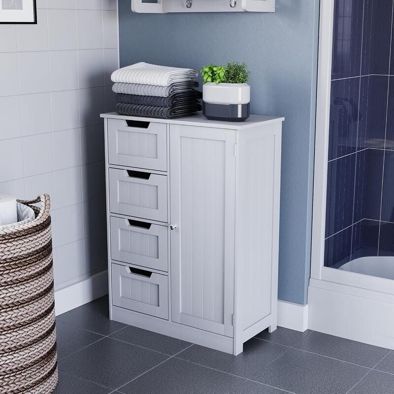 White Bathroom Cabinet 4 Drawer 1 Door Cupboard – Adjustable Shelf Storage